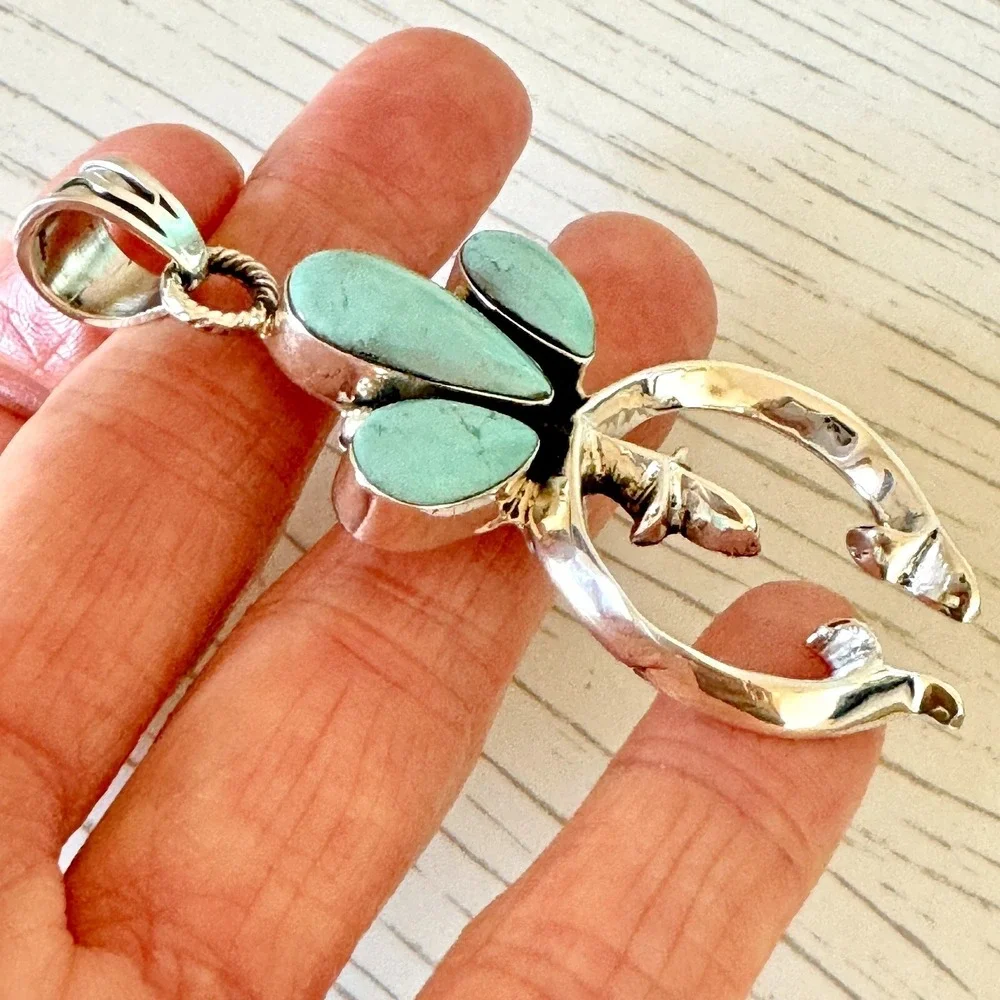 Navajo Naja Pendant Turquoise 2.75in Squash Blossom Sterling Irving Tsosie Crown